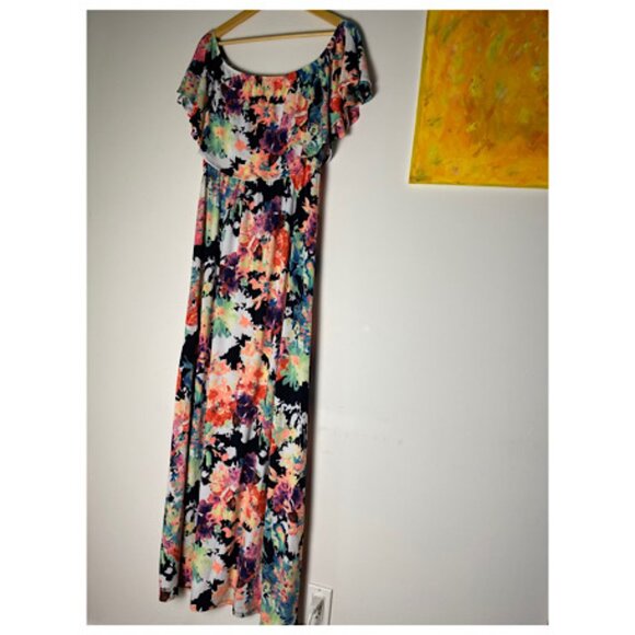 NEW  Black Multi Colour Printed Off shoulder Plus Size Long Maxi Dress Bohemian - Picture 5 of 8